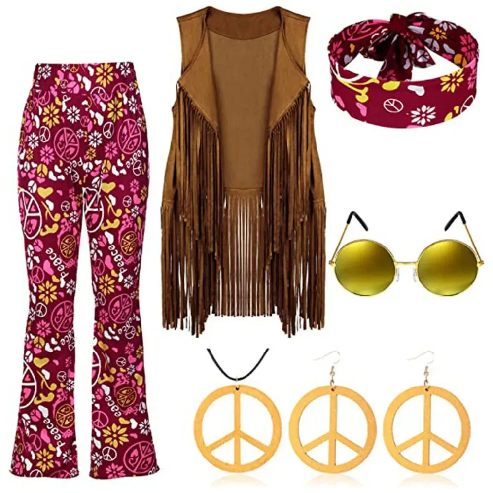 Ulikey Disfraz Hippie Mujer Años 70, Vestido Hippie De Los Años 60, 70 Con Accesorios, Disfraz De Los Años 60 Y 70 Para Mujer, Ropa Hippie Disco Para Carnaval Fiesta Cosplay Halloween