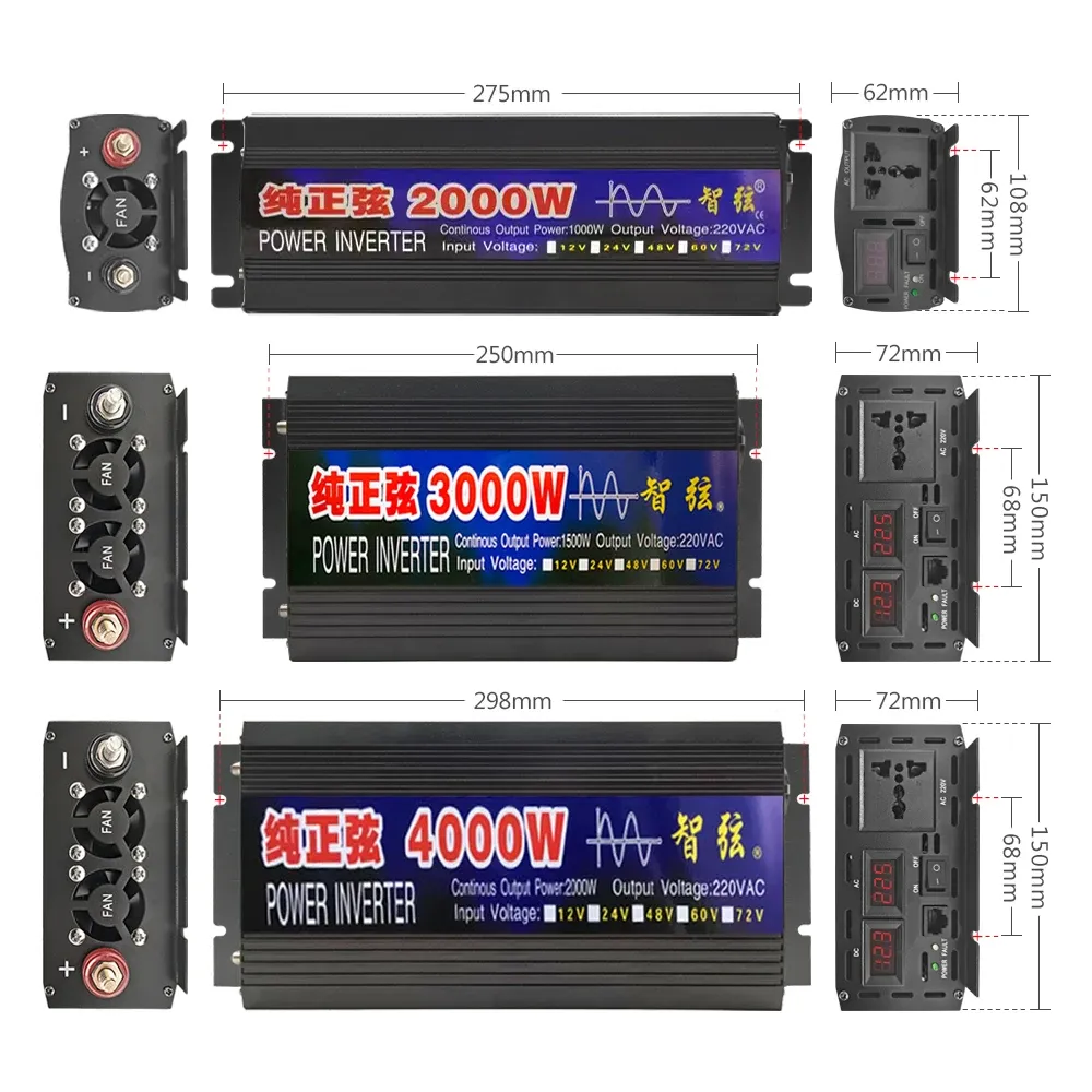 Pure Sine Wave Inverter 2000W 3000W 4000W DC 12V 24V 48V to AC 220V 50 ...