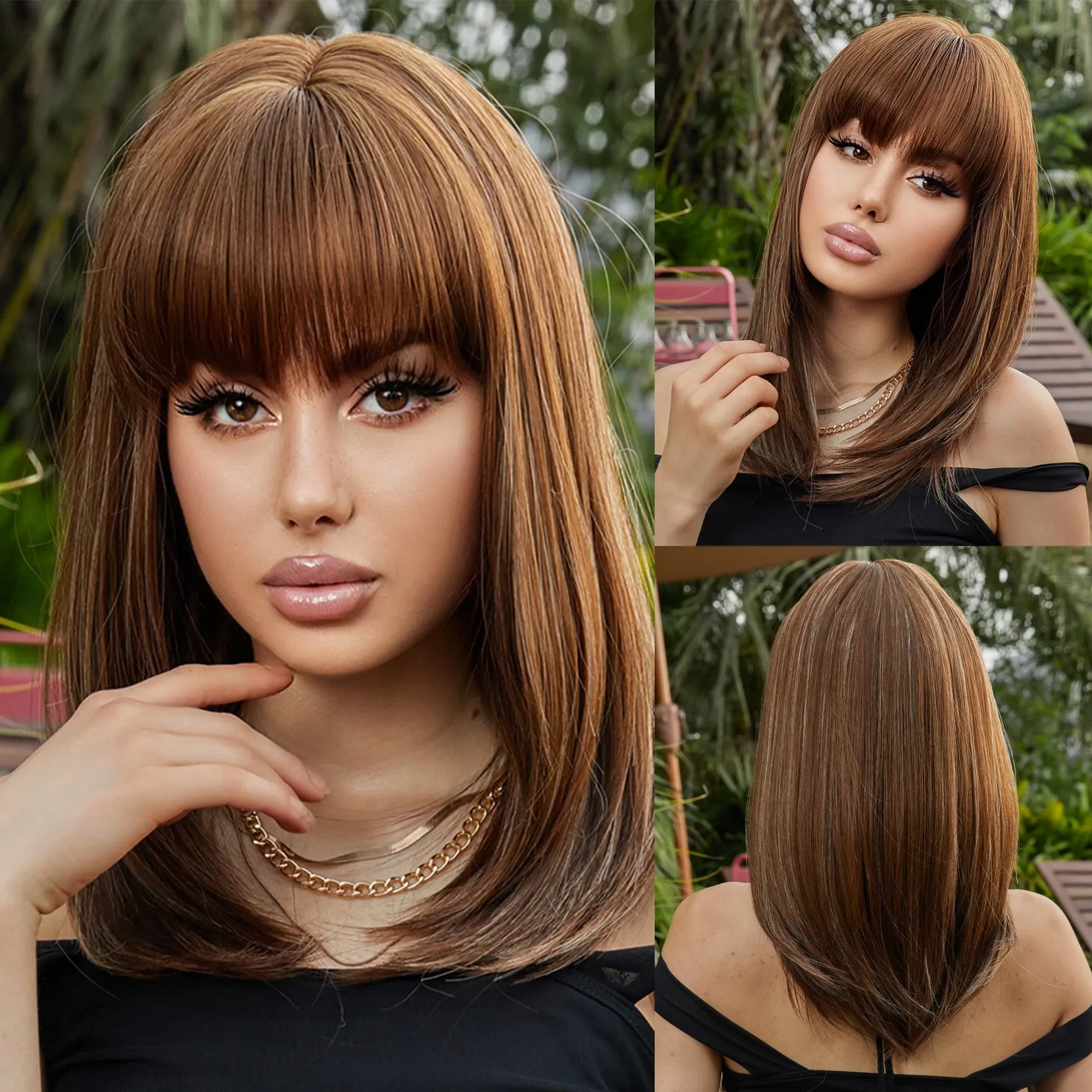 Парики подчеркивают темно -коричневые короткие прямые парики синтетический боб косплей парик с челкой для чернокожих женщин с термостойким женским париком