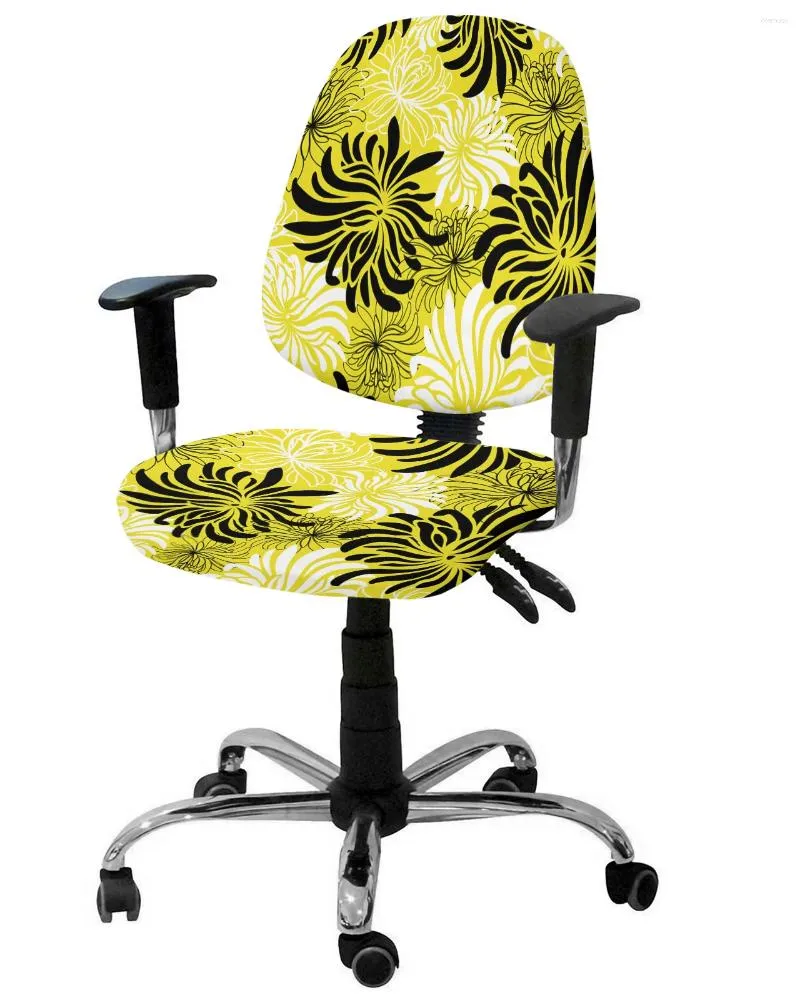 의자 덮개 노란색 국화 흑백 레트로 탄성 안락 의자 덮개 제거 가능한 사무실 슬립 커버 분할 좌석