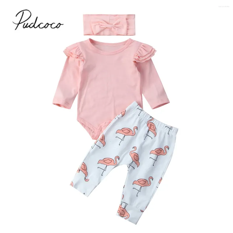 Ensembles de vêtements 2024 Marque infantile enfant en bas âge né bébé filles barboteuse à manches longues hauts pantalon flamant bandeau 3pcs vêtements ensemble tenues 0-18m