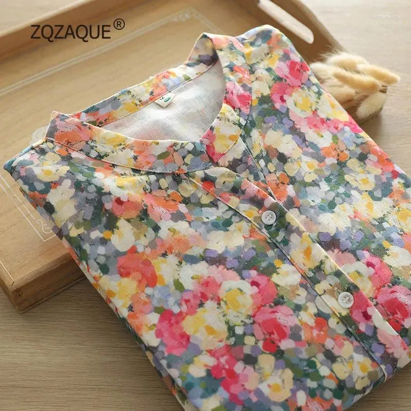 Women's Blouses Stand Collar Long Sleeve Shirt Spring Autumn Floral Printing M L XL Loose All-match Tops Lady Cotton Blouse S054