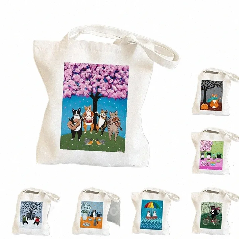 Koffie Kat Gedrukt Schoudertassen Leuke Dieren Handtas voor vrouwen Harajuku Herbruikbare Opbergtas Meisjes Canvas Tote Winkeltas q3vO #