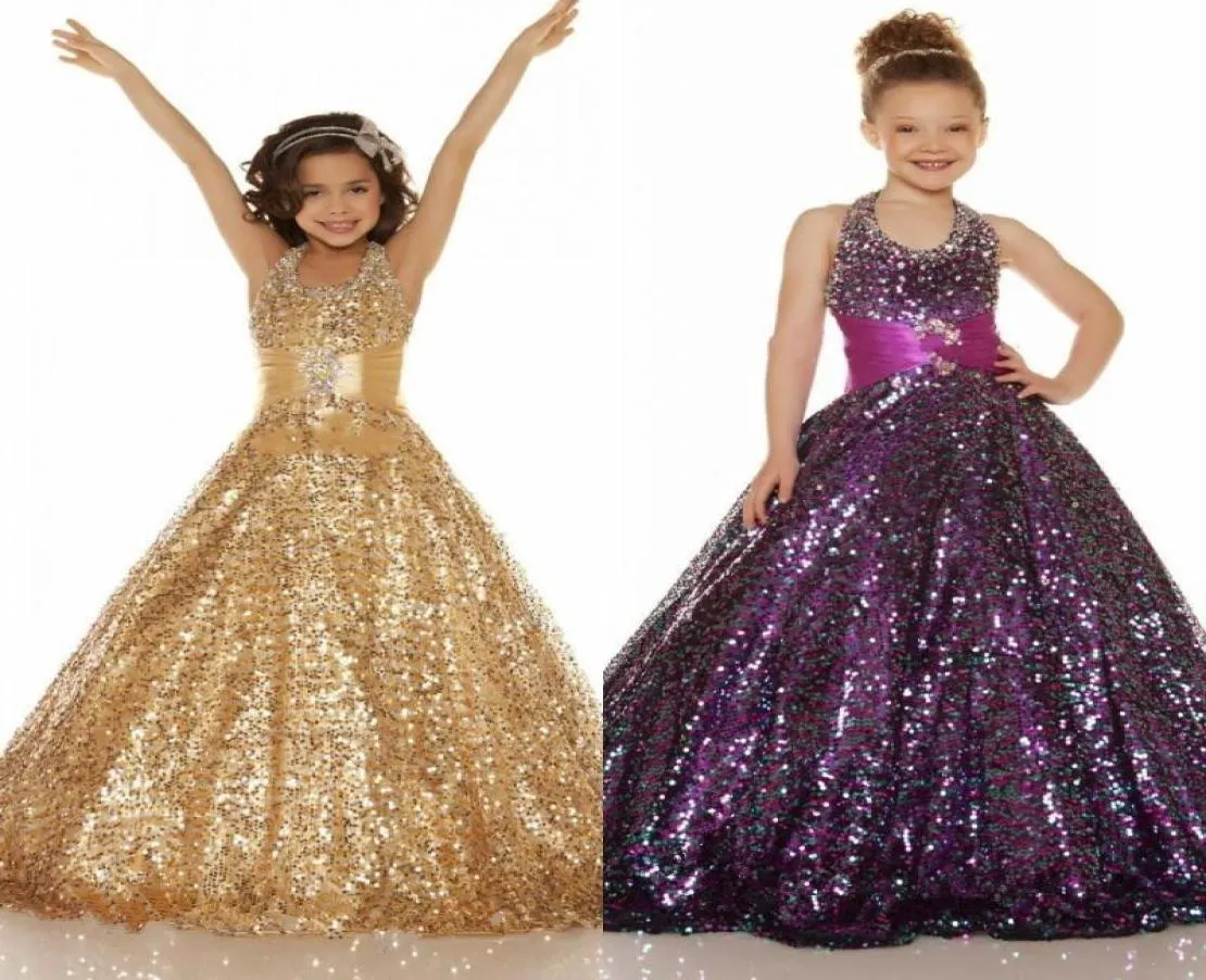 Sparkling Sequined A Line Little Girls039 Pageant Dresses with Beaded Halter Neck Zipper Back Flower Girls039 Dresses for We3897113