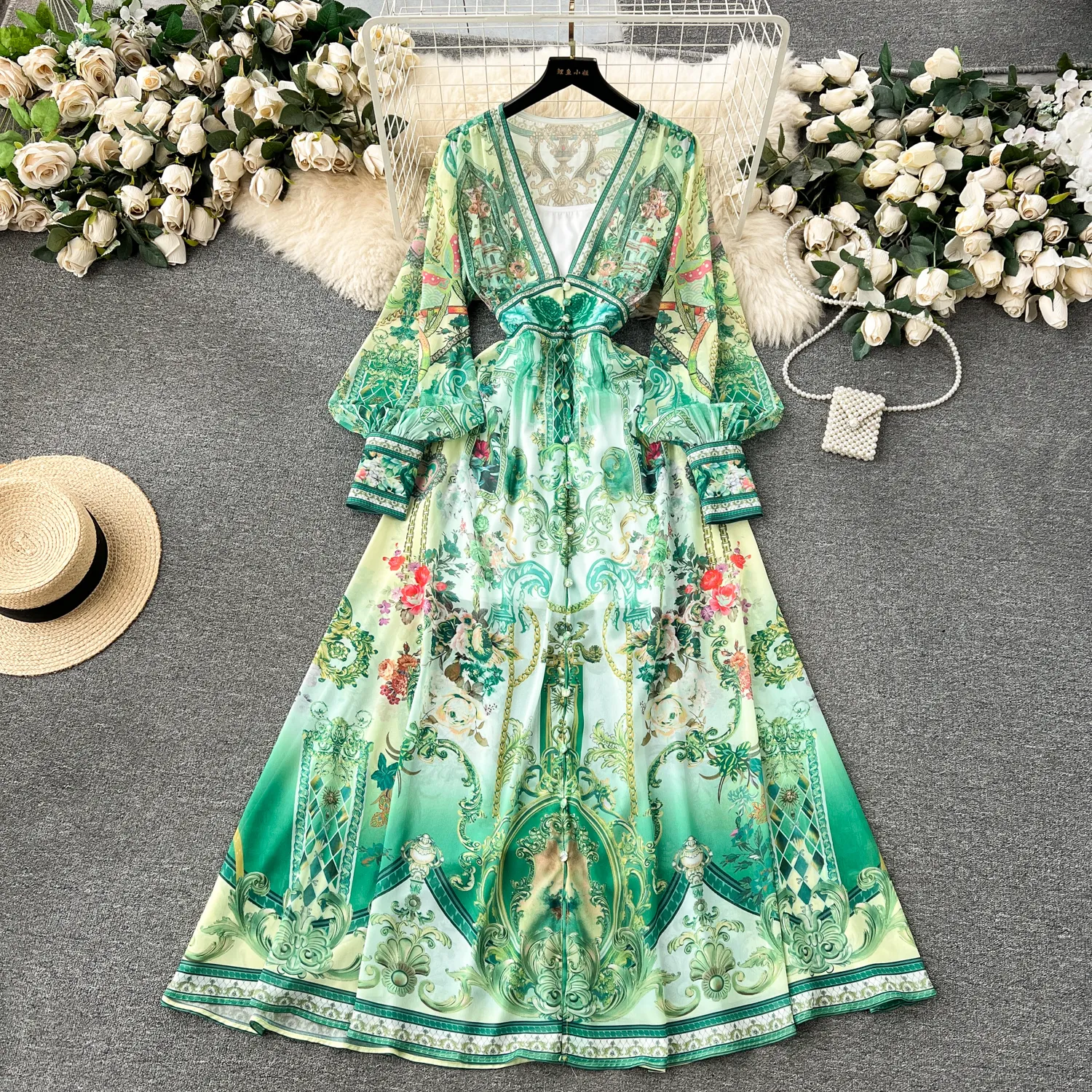 Abiti casual di base 2024 Pista di moda Verde Fiore rosso Flowy Chiffon Lanterna Abito da donna Profondo scollo a V Manica lunga Stampa floreale Boho Robe Vestido