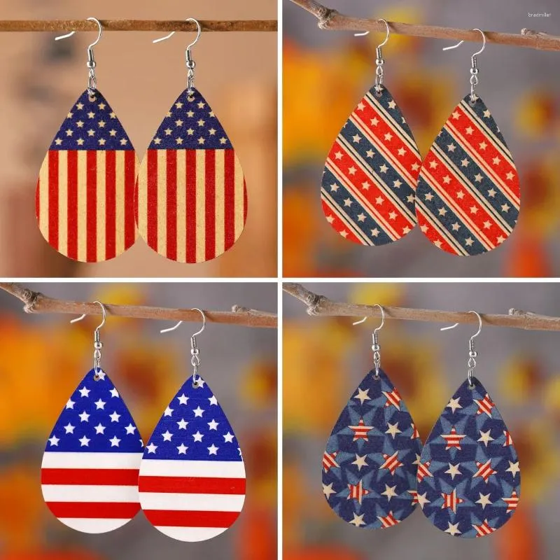 Kolczyki Dangle Independence Day American Flag Color Star Stripe Podwójny drewniany spadek wody