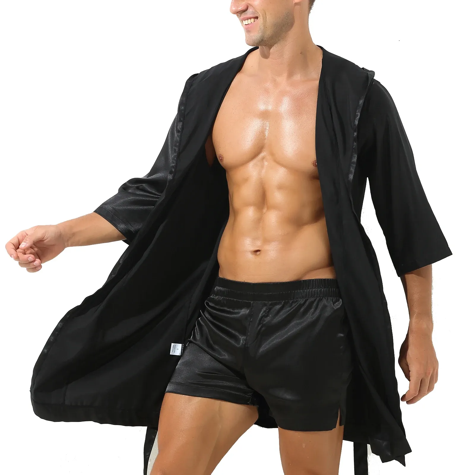 Mens Pajamas Two Piece Outfits Silk Robe Belted Kimono