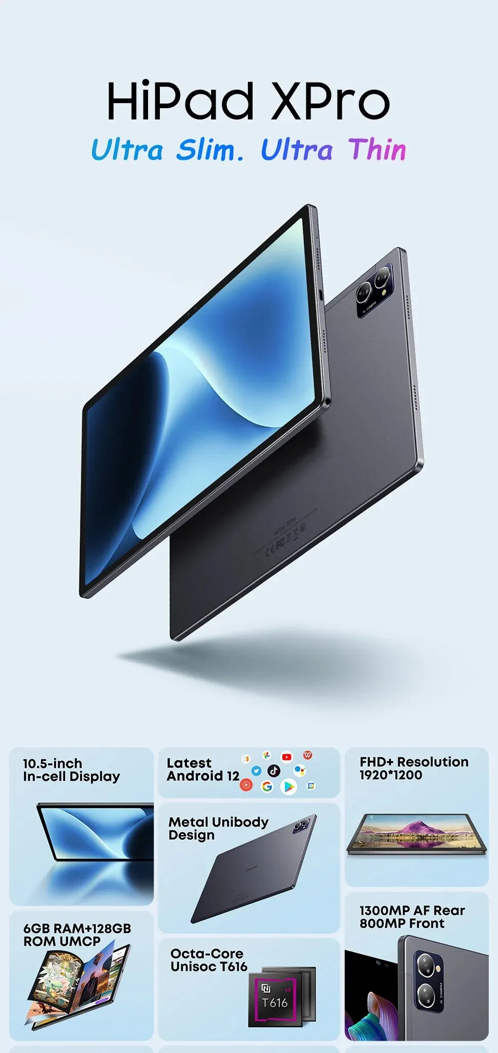 CHUWI HiPad XPro Tablet PC: 10.51 FHD Screen, Unisoc T616, 6GB RAM