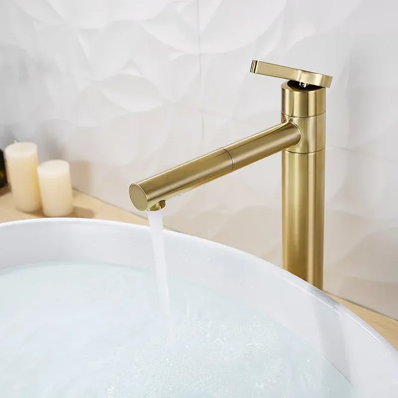 Rubinetto a cascata for lavabo bagno oro spazzolato, ottone massiccio, miscelatore acqua calda e fredda, rubinetto lavabo bagno monocomando cascata, alto (Color : High