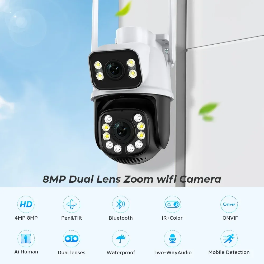 8MP 4K WiFi PTZ Dual Lens Outdoor IP Camera with Dual Screen and Auto ...