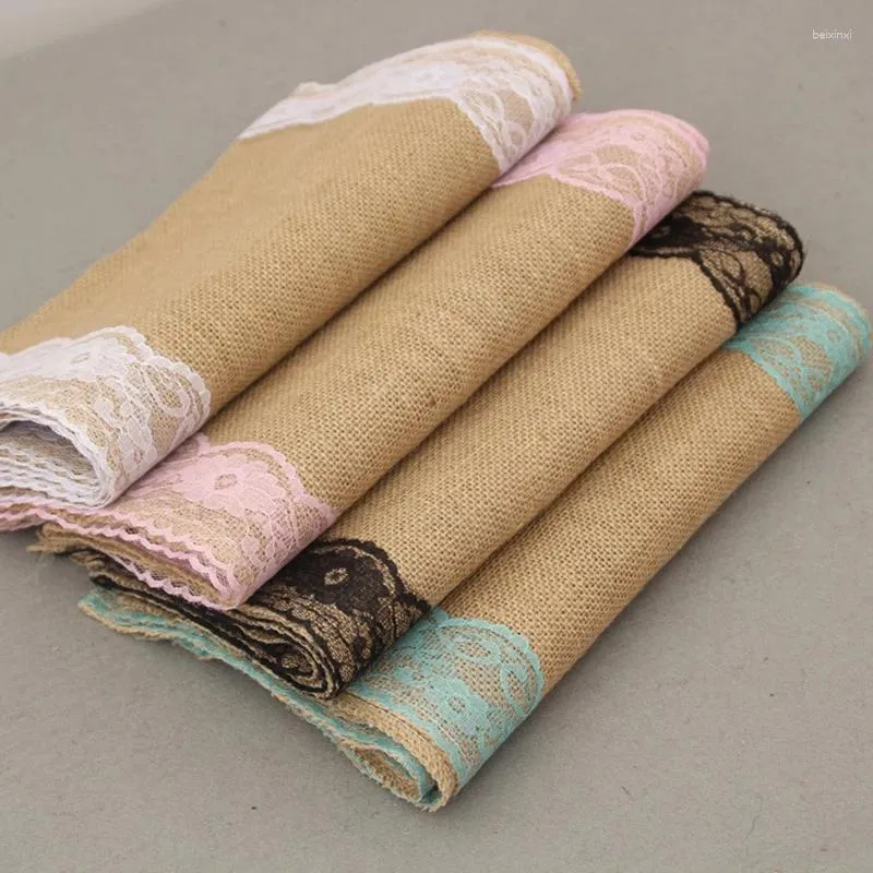 Bordslöpare bröllop säckväv spets jute dekor shabby chic rosa blå svart vit blommig 30x275 cm