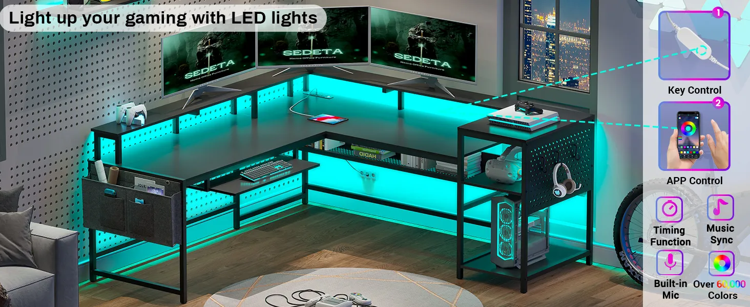 SEDETA L-Shaped Reversible Gaming Desk with Power Outlets and LED Strip  from Dhgate Other Furniture - price 211.34, image size:1464x600