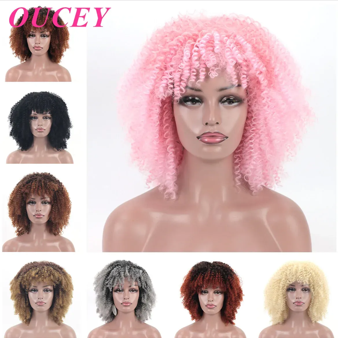 Parrucche OUCEY Parrucca rosa Parrucche ricci afro crespi per le donne nere Capelli sintetici Parrucche corte naturali per le donne Parrucca cosplay con frangia