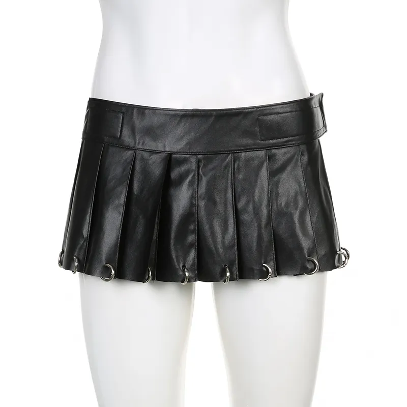 Rockmore Metal Buckle Pleated Leather Skirt: Low-Rise Gothic