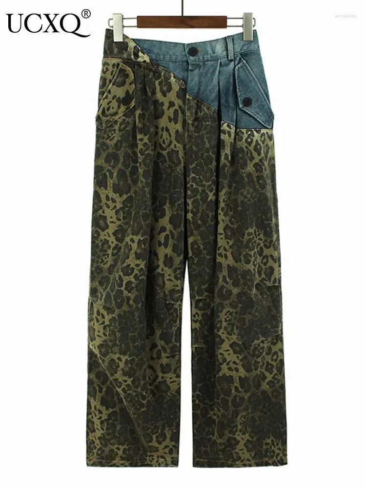 Dżinsy damskie UCXQ High Street Y2K Leopard Drukuj Patchwork Patchwork Design szeroką nogę luźne swobodne spodnie Kobiety 2024 Spring Autumn 6U7028