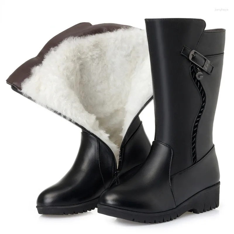 Сапоги, зимние теплые туфли с шерстяной меховой подкладкой, женская обувь на танкетке и каблуке, мягкая кожаная обувь на платформе, зимняя обувь Botas