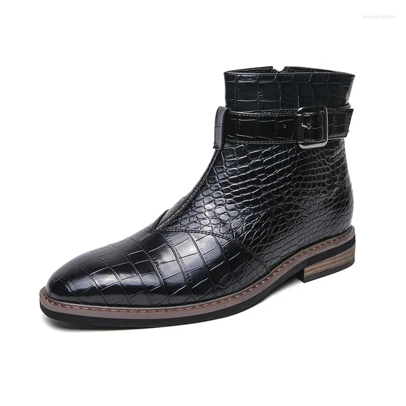 Casual Shoes English Pointed Men's Black High-top Leather With Elevated Boots And Warm Short Platform Work