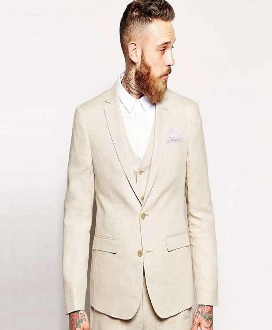 2019 Beige Linen Men Suits Wedding Suits Blazer Bridegroom Groomsman Groom Wearカスタムメイドスリムフィットフォーマル3ピースMan Tuxed3631436