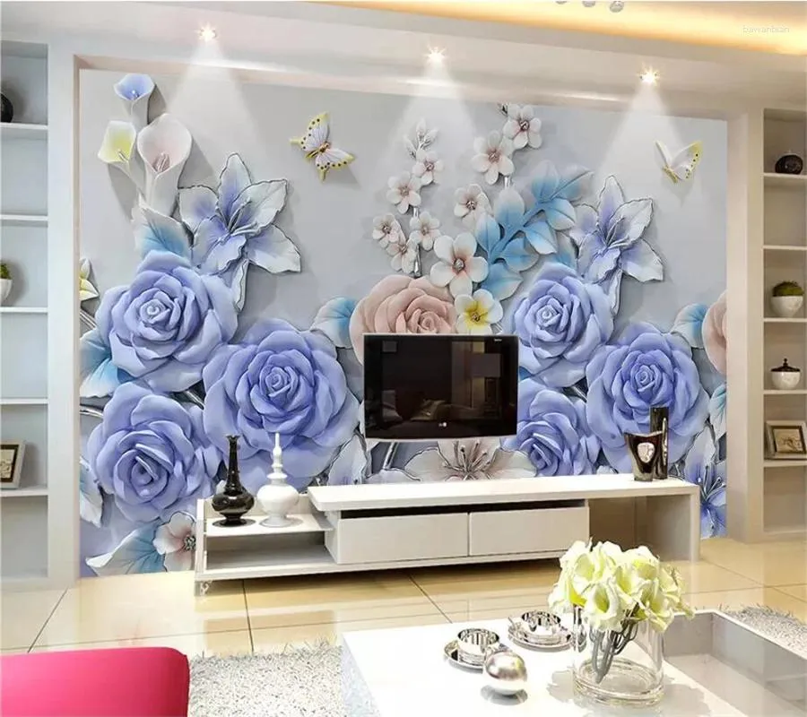 Wallpapers Wellyu Papel De Parede Para Quarto Custom Wallpaper Rose Embossed TV Background Wall Nordic Decorative Painting Resin Flower