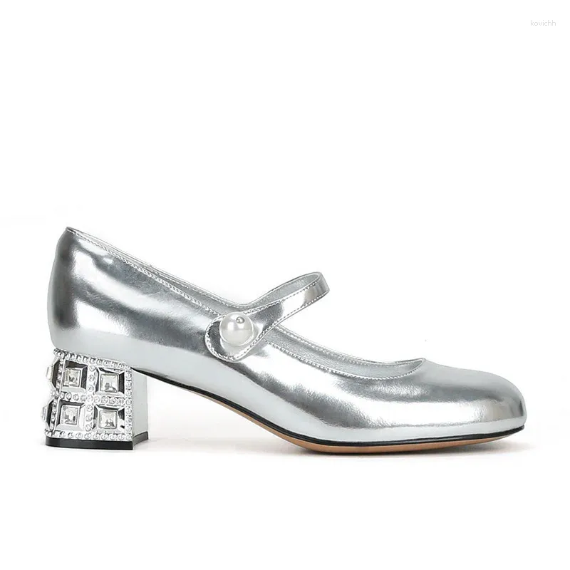 Jurk Schoenen Luxe Design Mode Vrouwen Mary Janes Comfy Ronde Neus Hoof Hees Zapatos Para Mujer Parel Riem Gesp Strass