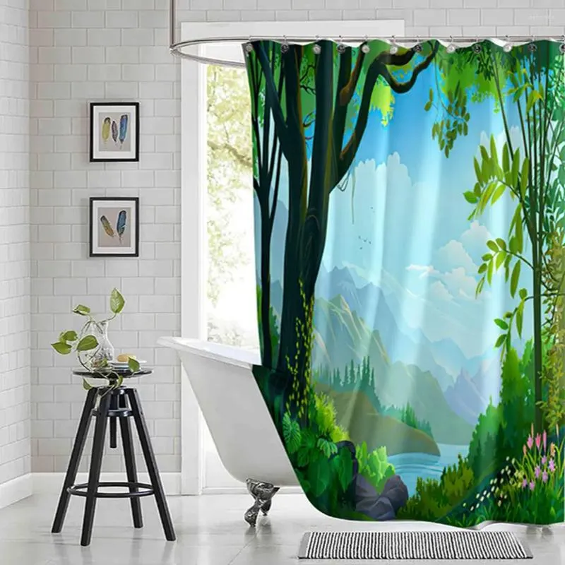 Rideaux de douche Montagnes et rivières Salle de bain Arbre vert Forêt Moderne Imprimé Baignoire en polyester imperméable avec crochets