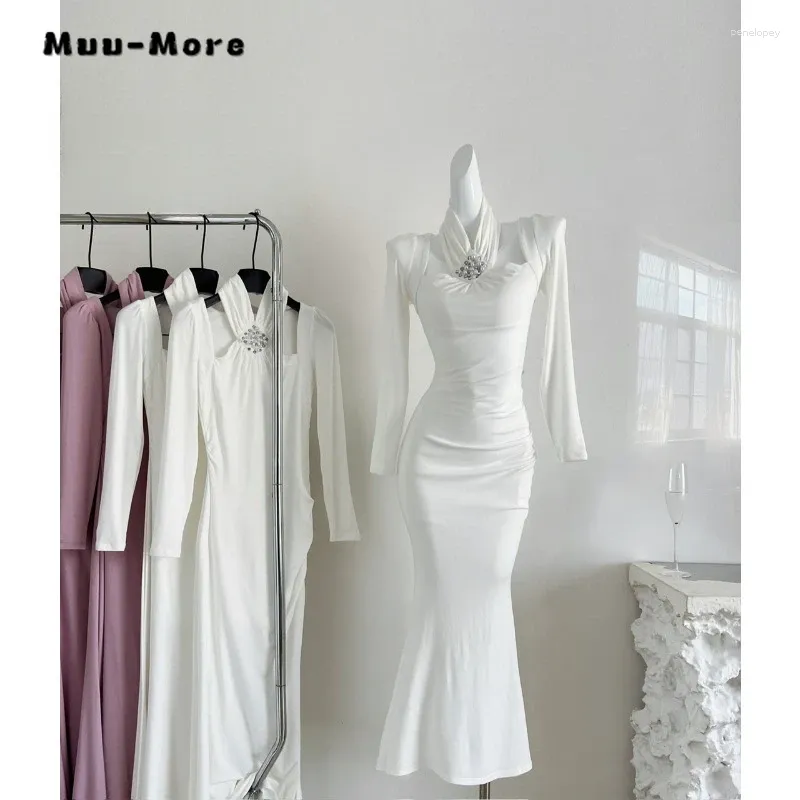 Casual klänningar 2024 Spring Female Elegant Long Sleeve Solid Color Midi Wedding Women Luxury Hollow Out A-line aftonklänning