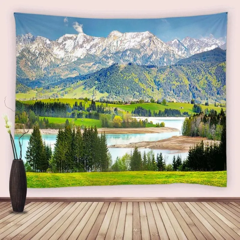 태피스트리 벽 장식 태피스트리 자연 조경 숲 나무 산악 스트림 직물 예술 포스터 거실 침실 커튼 홈