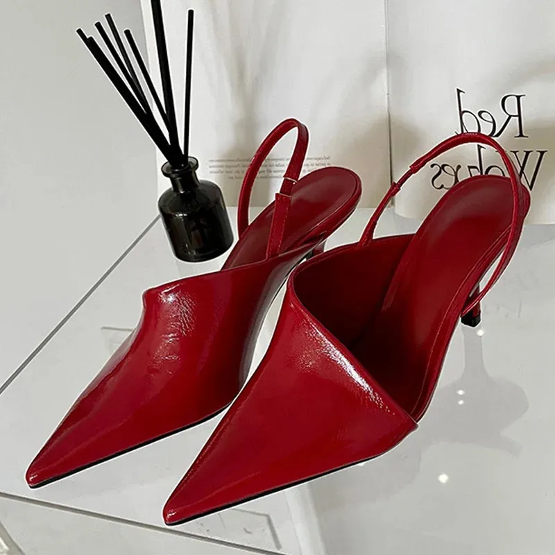 Moda vermelho fino salto alto mules sandálias apontou toe deslizamento em estilingue sapatos feminino elegante raso vestido de festa bombas 240328