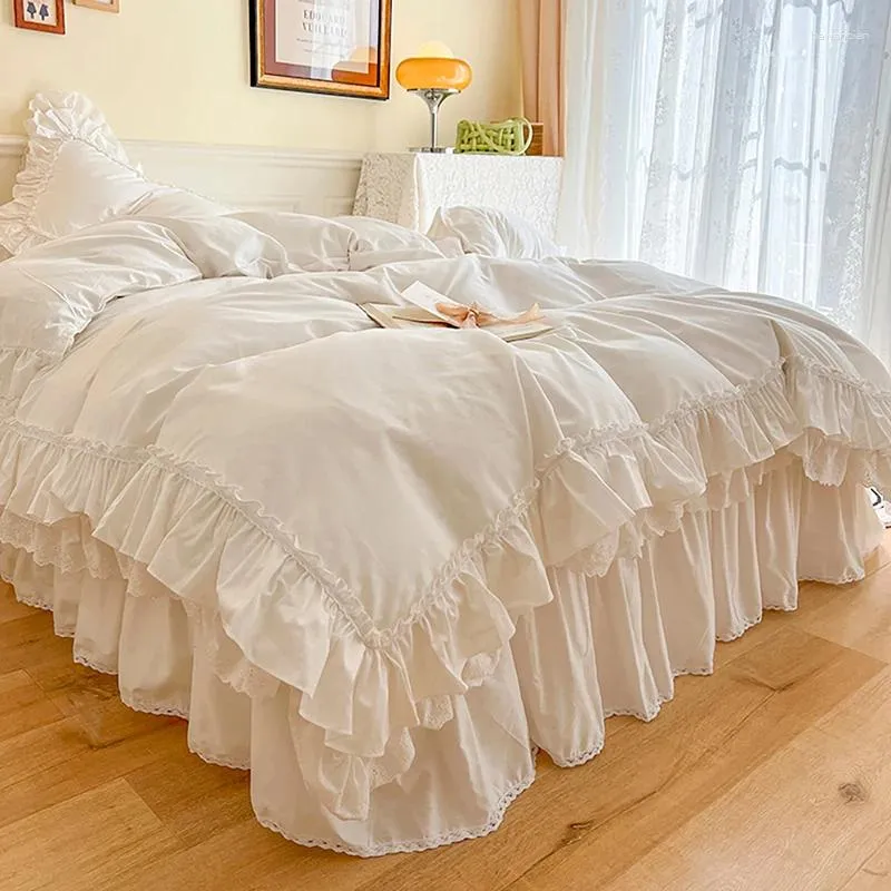 Yatak setleri fırfır estetik yorgan kapağı lüks sevimli kız pamuk yatak yorgan seti tam boy ikiz dantel fırfır juego de cama