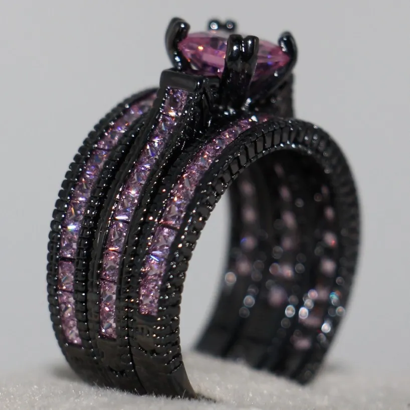 Cała ręcznie robiona biżuteria w stylu vintage 14KT Black Gold wypełniona księżniczka Cut Cut Pink Sapphire zębowe kamienie szlachetne CZ 3 w 1 Women Wedding Somee 2627