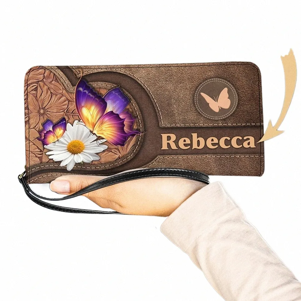 Armband-Geldbörsen für Frauen Schmetterling mit Gänseblümchen-Druck-Leder-Reißverschluss-Kartenhalter Weibliche nette LG-Geldbeutel-Kupplungs-Mey-Taschen Benutzerdefinierte M4JP #