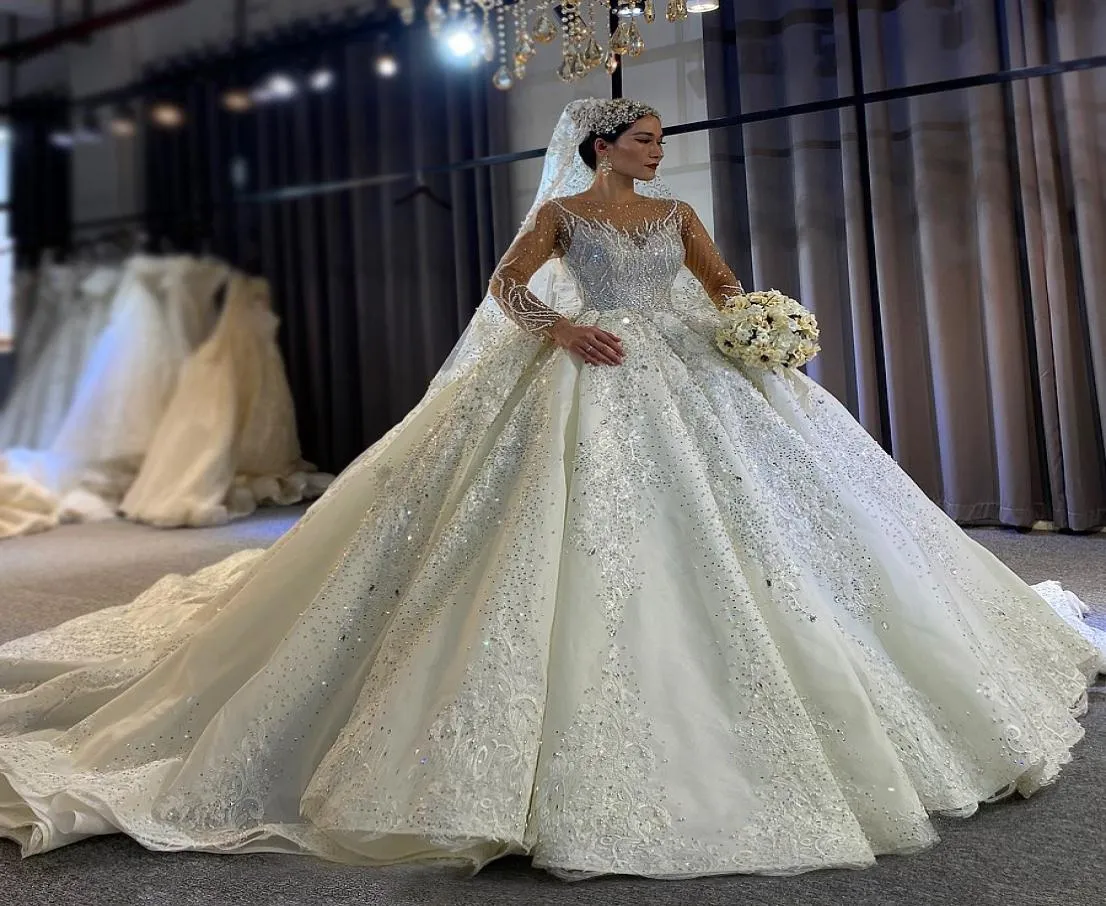 2021 vestido de baile de luxo marfim vestidos de casamento dubai igreja jóia pescoço contas cristal rendas apliques vestidos de noiva trem de varredura longo slee5126690