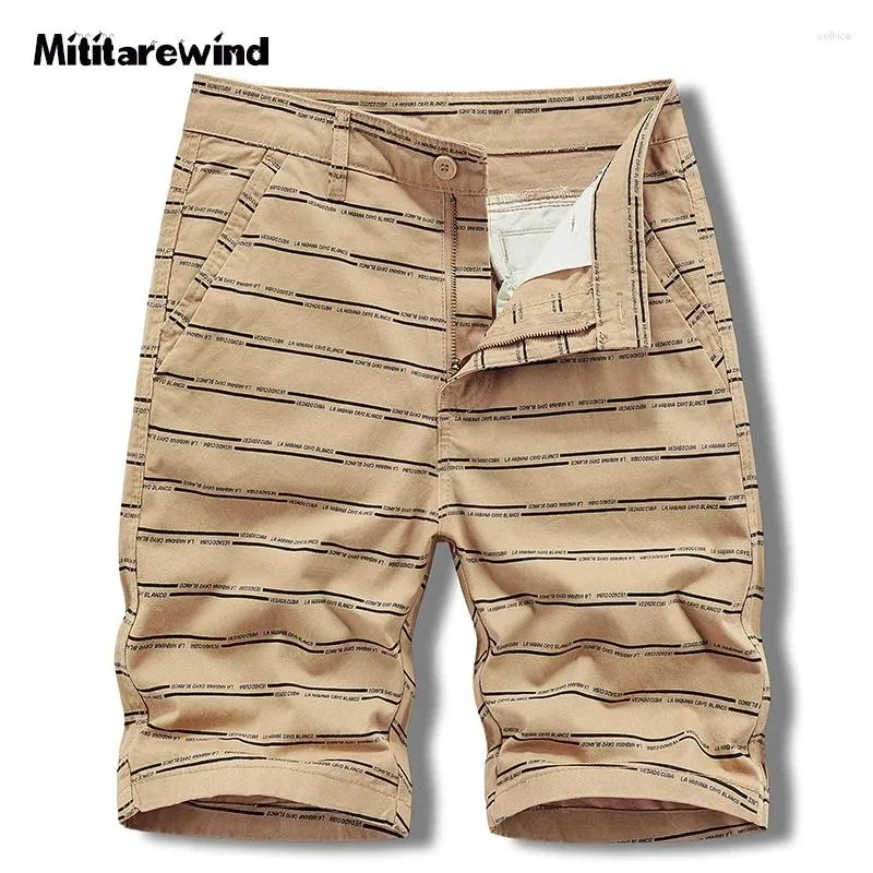 Men's Shorts Striped Summer Casual Short Men Safari Style Mid-waist Knee Length Straight Pure Cotton Breathable Clothing