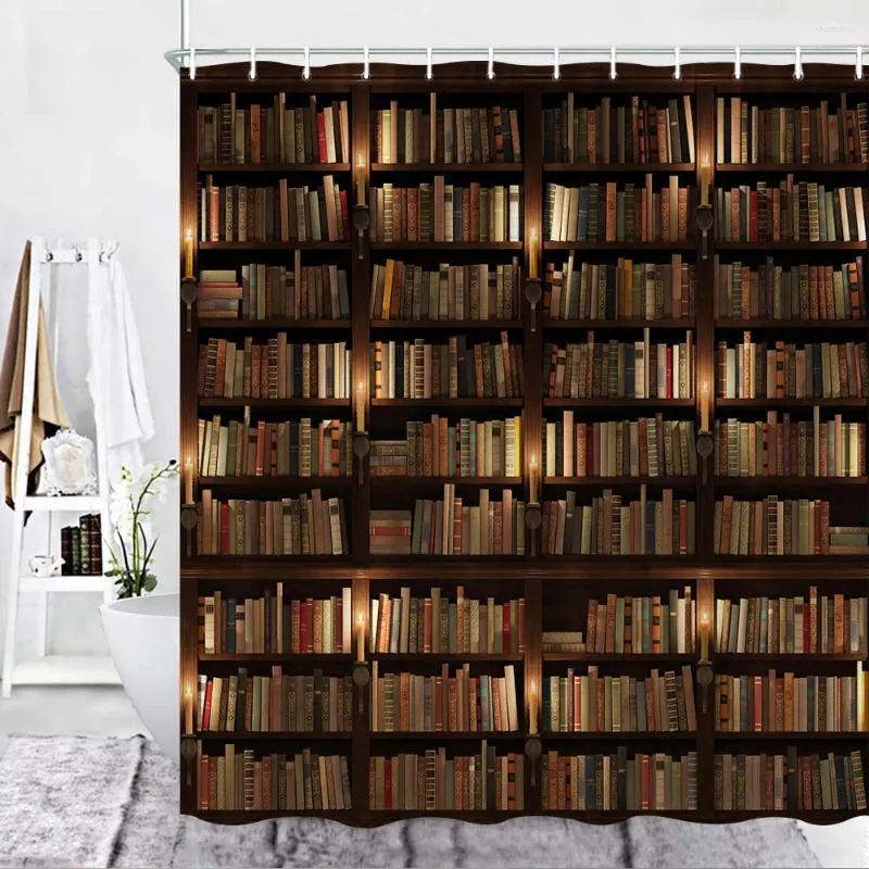 Shower Curtains Vintage Books Curtain Library Bookshelf Educational Wooden Bookcase Art Retro Candle Fabric Decor Bathroom Set