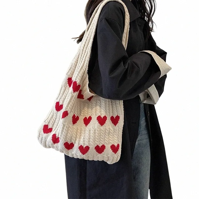 heart Knitted Women's Bag Knit Eco Bag Korean Foldable Shopper Y2K Crochet Rope Shoulder Bag Sweet Knitting Handbag Ins Tote M0QU#