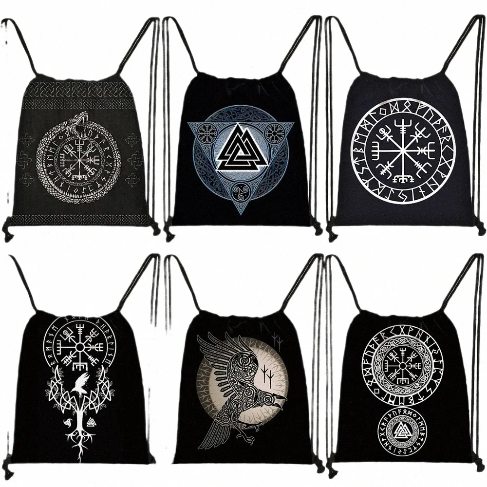 Nordiska runor Odin -mönster DrawString -väskor Vegvisir Ouroboros ryggsäck för reseskor förvaringspåse Holder tonåring bokväskor u13x#