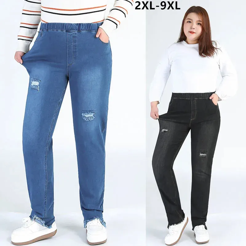 Plus Große Größe 9XL 8XL 7XL Stretched Zerrissene Jeans Für Frauen 140 KG Weibliche Slim Fit Hohe Taille Bleistift Denim Hose Schwarze Hosen 240318