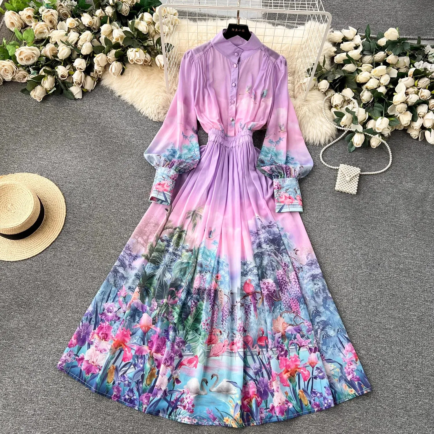 Grundläggande avslappnade klänningar 2024 Holiday Gorgeous Flower Chiffon Maxi Dress Women's Stand Long Lantern Sleeve Purple Floral Print Belt Boho Robe Vestidos