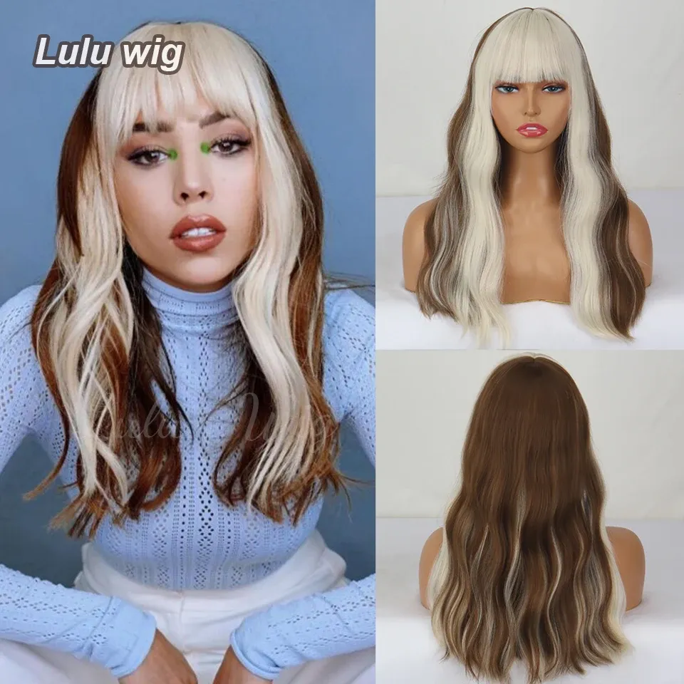 Perruques synthétiques ondulées longues avec frange, perruques ondulées ombrées brunes blanches blondes pour femmes, cheveux en Fiber résistante à la chaleur pour Cosplay de fête