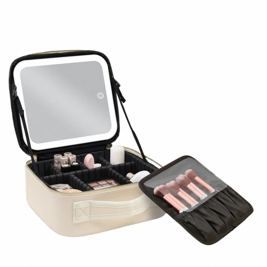 travel Makeup Bag with Mirror of LED Lighted, Makeup Train Case with Adjustable Dividers, Detachable 10x Magnifying Mirror 82eC#