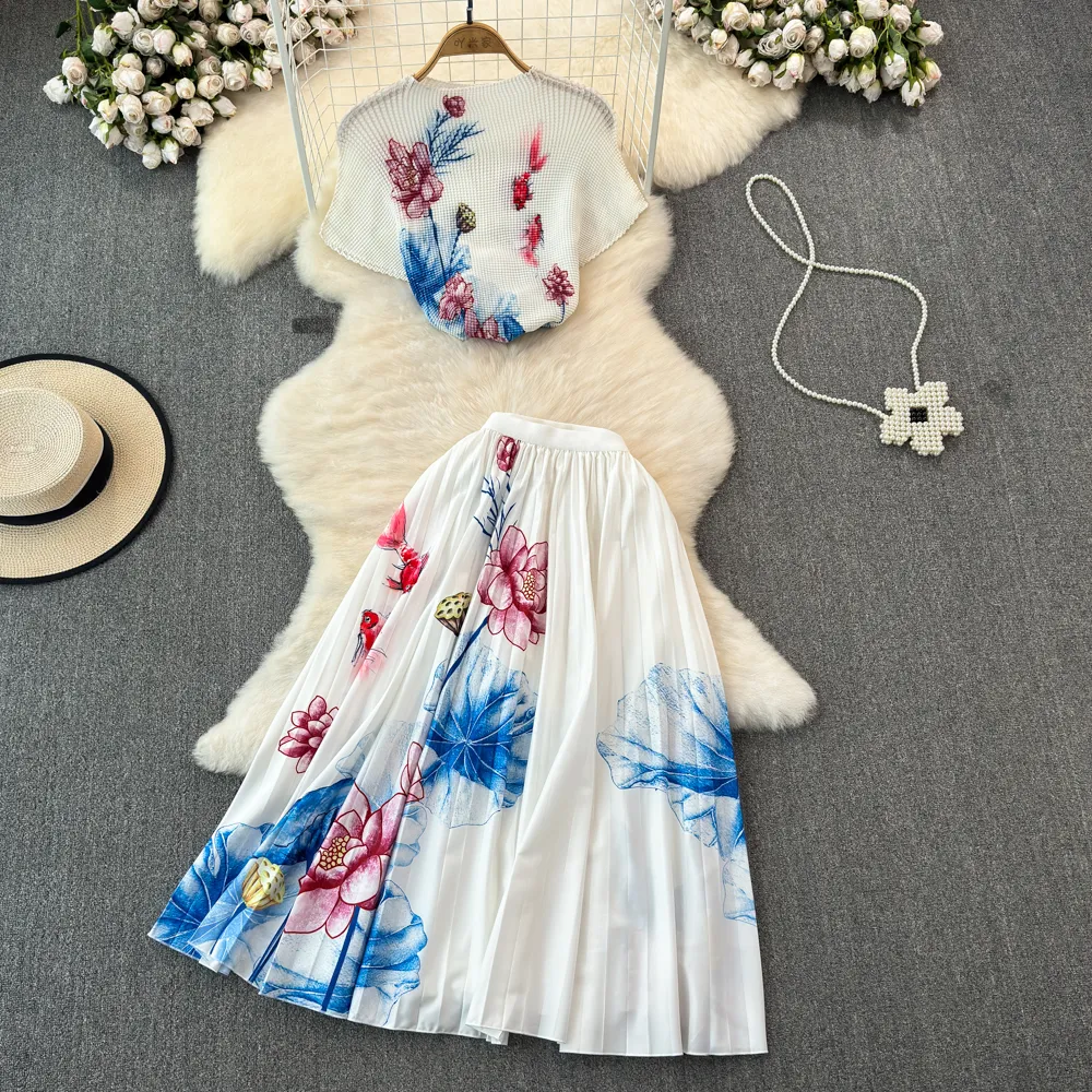 Vestido de duas peças vintage elegante plissado 2 peças conjunto verão floral impresso milho manga curta superior cintura elástica saia casual festa saia terno para mulher 2024