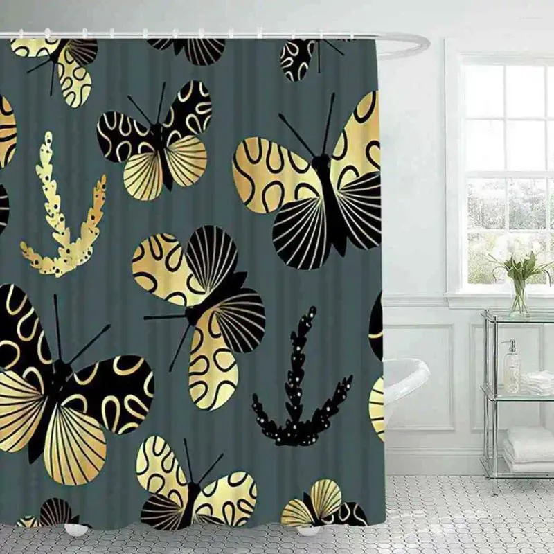 Shower Curtains Artistic Glitter Flying Butterfly Gold And Black Bathroom Frabic Waterproof Polyester Bath Curtain With Hooks