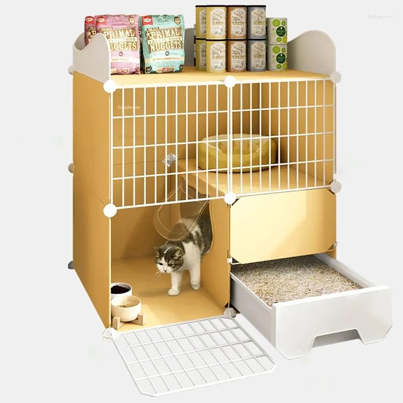 Porte-chats intérieur maison, Cages en maille de fer, Villa respirante à deux étages, bac à litière pour animaux de compagnie, cadre d'escalade, toilettes intégrées