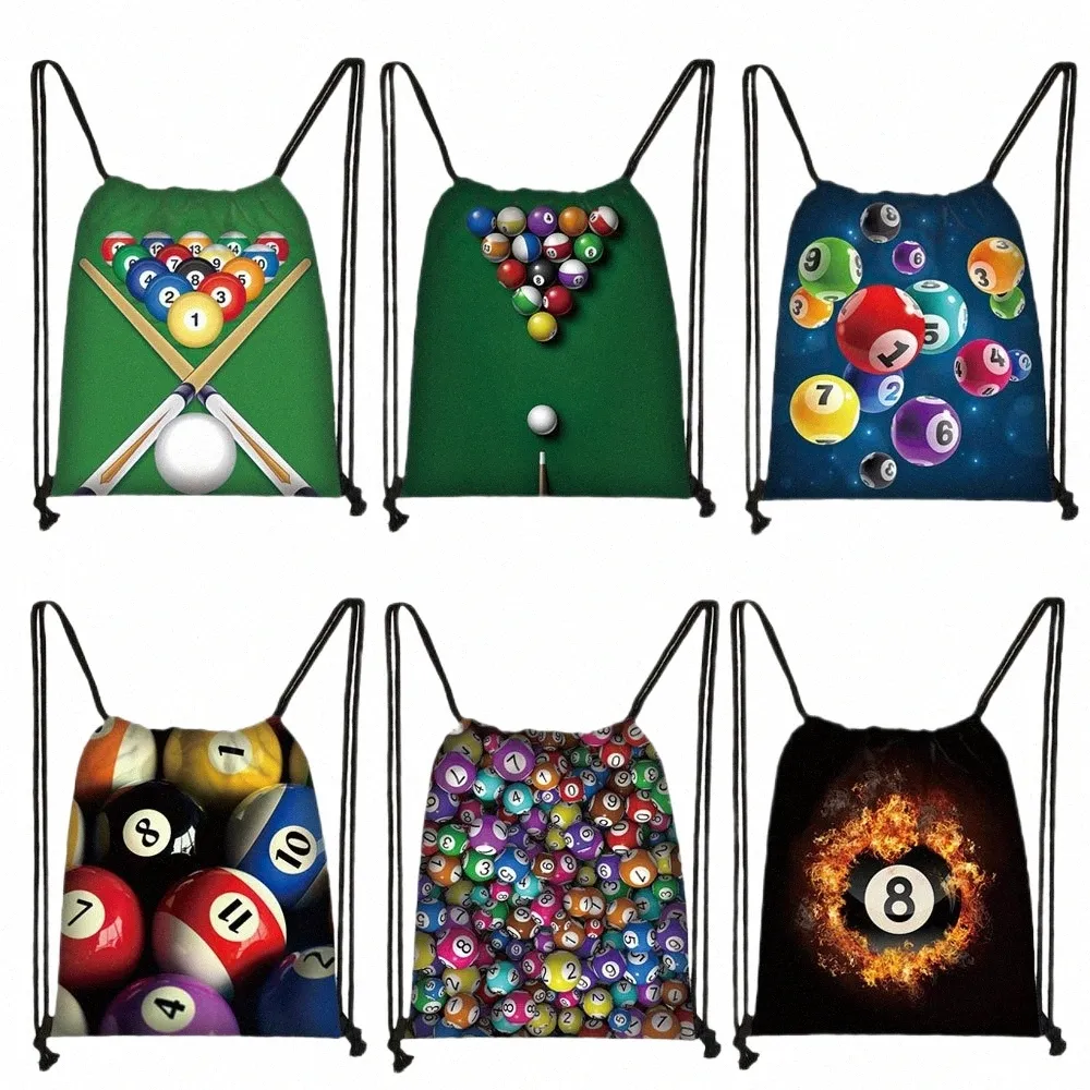 Pool Bälle Billard Druck Kordelzug Frauen Rucksack Große Kapazität Aufbewahrungsbeutel für Reisen Schuhe Halter Büchertasche Geschenk d5mX #