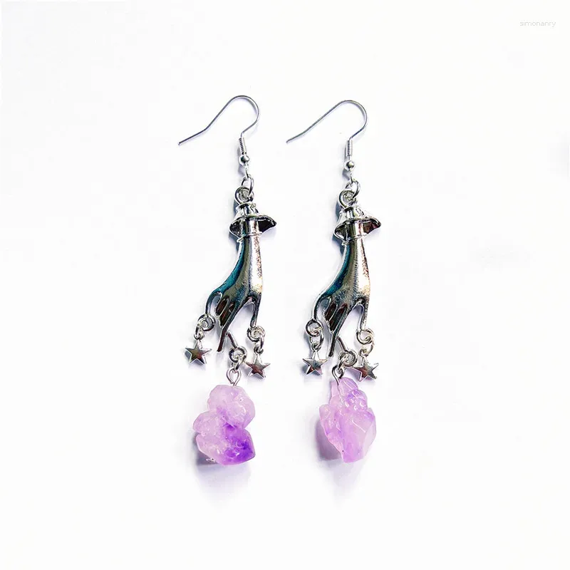 Boucles d'oreilles pendantes en cristal de Quartz violet naturel et goutte d'étoile, chiromancie magique, bijoux gothiques de sorcière Wicca