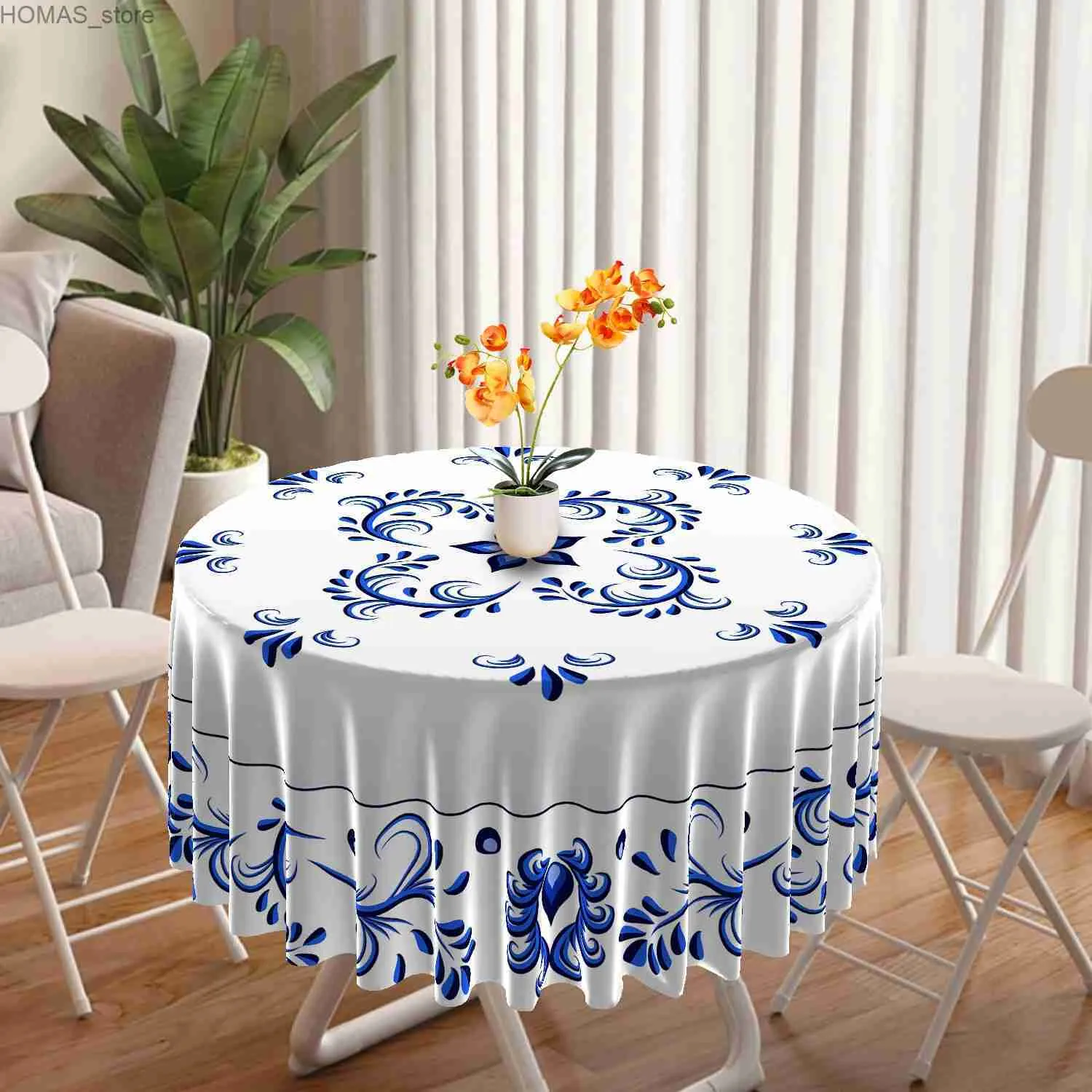 Toalha de mesa 1 peça retro azul branco porcelana circular toalha de mesa impermeável terraço tapeçaria cortina cabeça multi-uso 63 polegadas toalha de mesa y240401