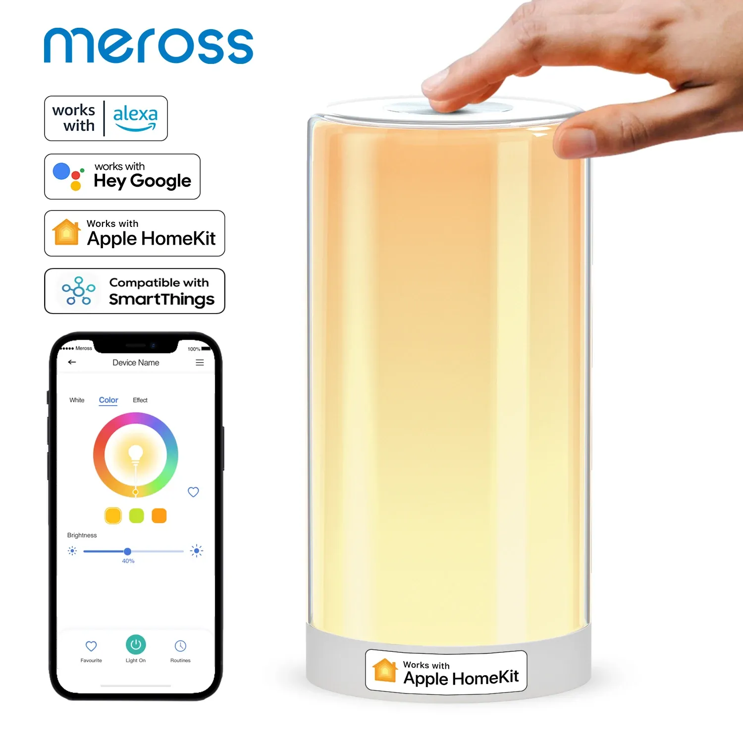 Control Meross HomeKit Smart WiFi Table Lamp Ambient Light Dimmable RGB Colorful Bedside Lamp Work With Alexa Google Home SmartThings