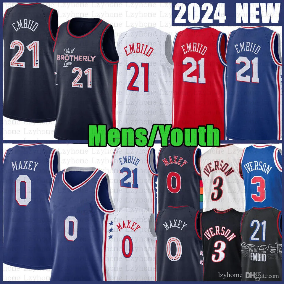 Мужская молодежная баскетбольная майка Tyrese Maxey Joel Embiid Allen Iverson Julius Erving Sixer 2023 2024 City White Edition Ретро рубашка Синие трикотажные изделия 21 0 3