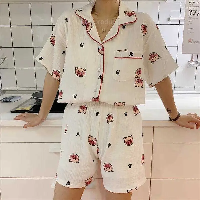 Kvinnors sömnkläder tecknad gris tryck sommarpyjamas set kvinnor enstaka bröst skjortor shorts passar bomull kawaii koreansk hem rosa vit