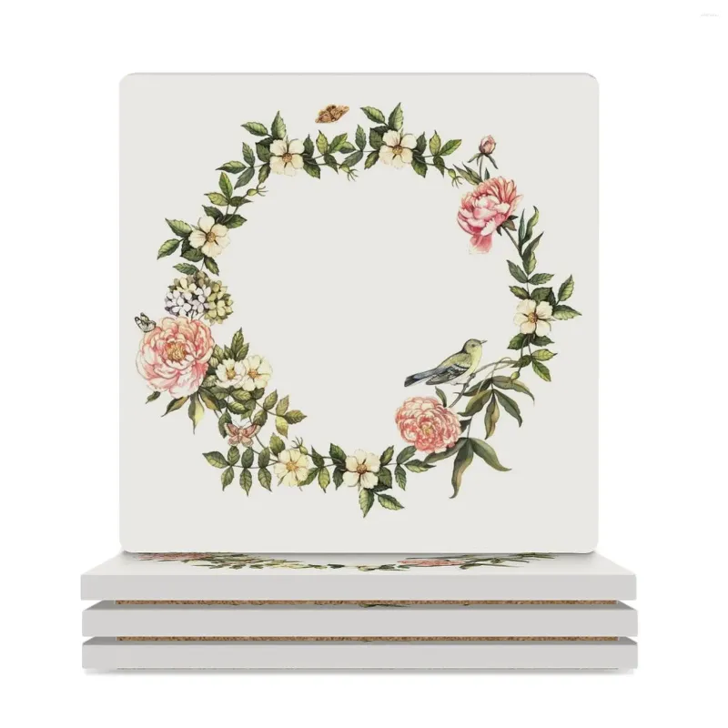 Tapis de Table couronne Vintage avec fleurs, papillons et oiseaux, sous-verres en céramique (carrés), support de tasse à thé, ensemble mignon